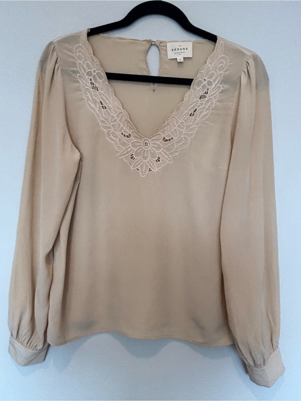 Sezane Beige Lace-Trim V-Neck Blouse